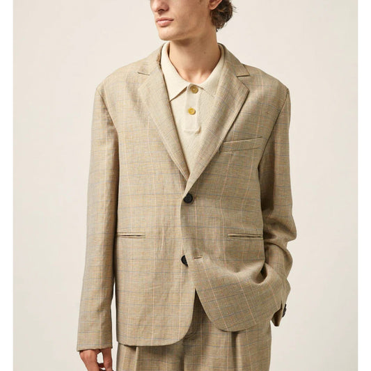 Plaid Linen Blazer in Natural