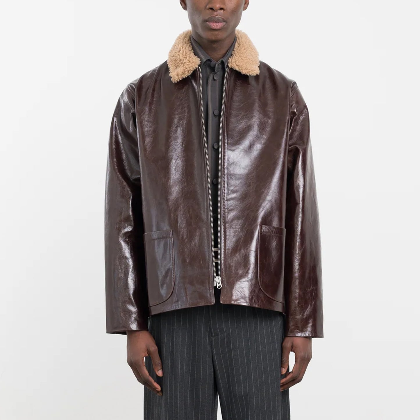 Sandy Zip Leather Jacket with Curly Collar in Canadian Brown