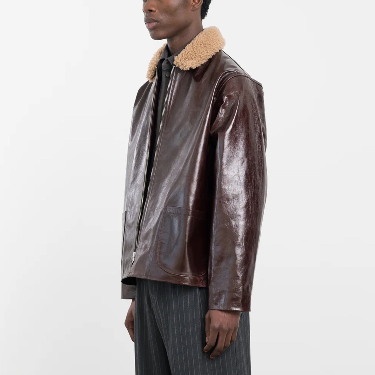 Sandy Zip Leather Jacket with Curly Collar in Canadian Brown
