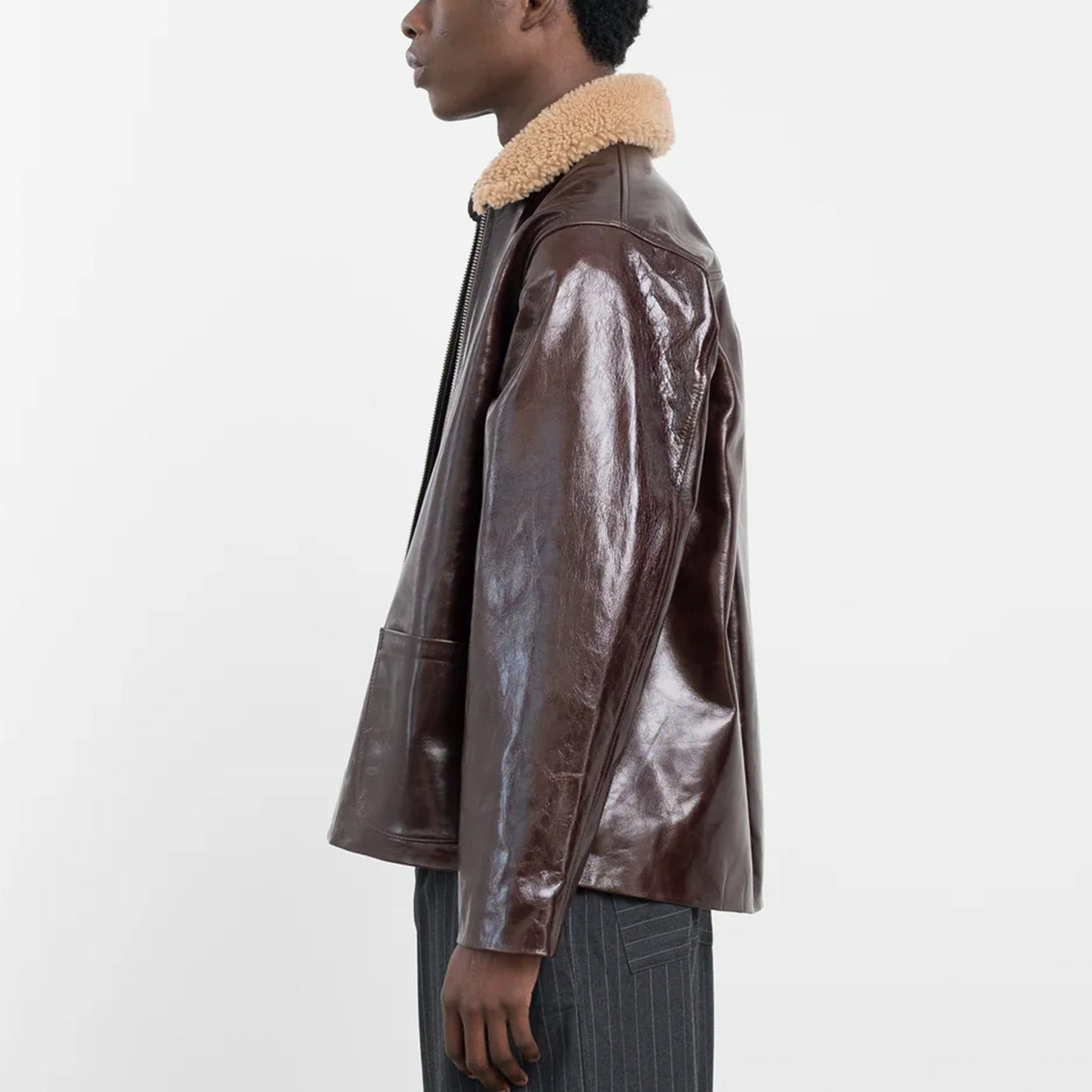 Sandy Zip Leather Jacket with Curly Collar in Canadian Brown
