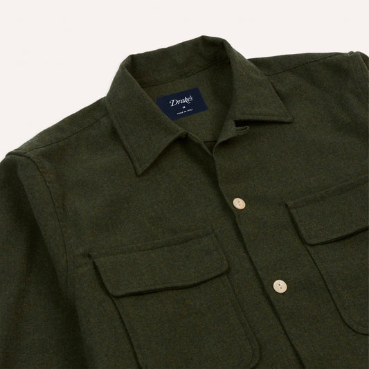 Wool Two Pocket Camp Collar L/S Shirt in Dark Green