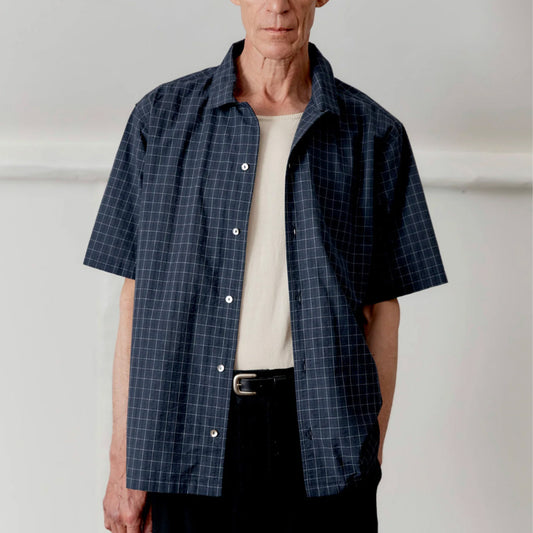 August Japanese Cotton Seersucker Shirt in Navy Check