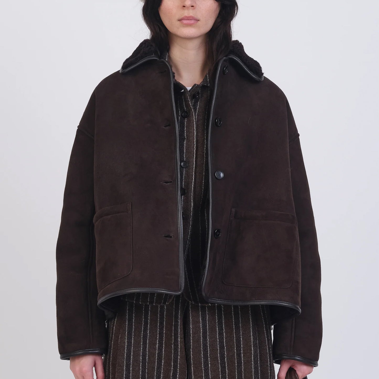 Suede Back Curly Hair Avis Jacket in Chocolate
