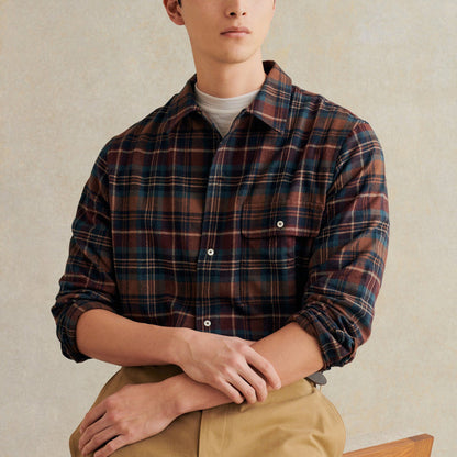 Camp Collar L/S Shirt in Brown & Navy Check