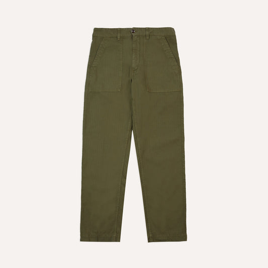 Cotton-Linen Herringbone Fatigue Trouser in Olive