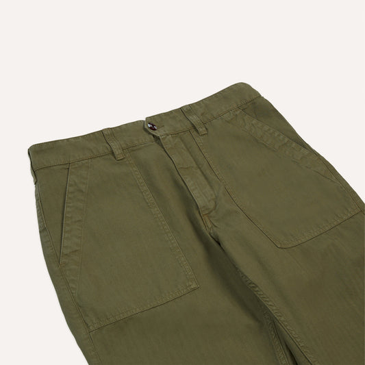 Cotton-Linen Herringbone Fatigue Trouser in Olive