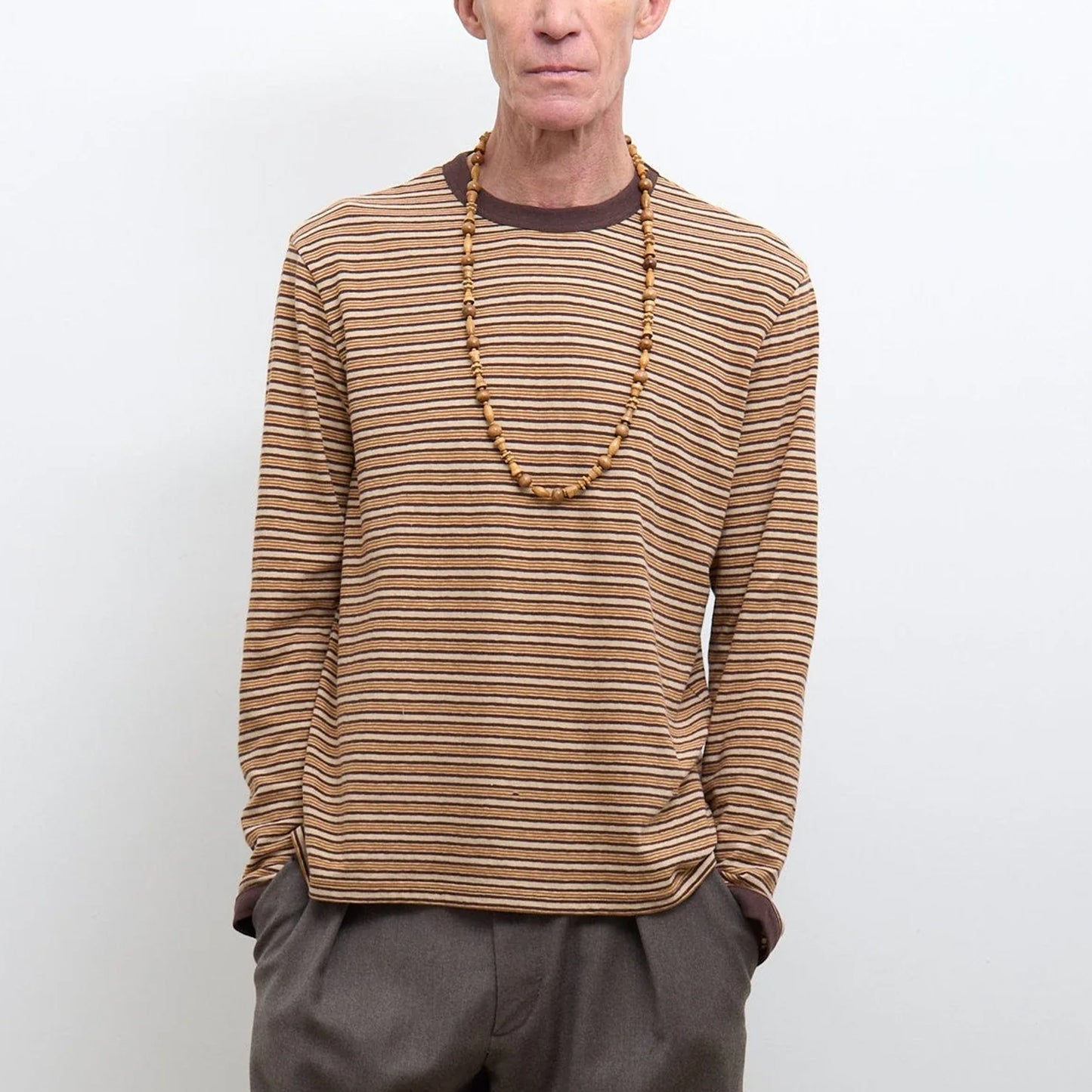Japanese Striped Jersey Long Sleeve T-Shirt in Brown
