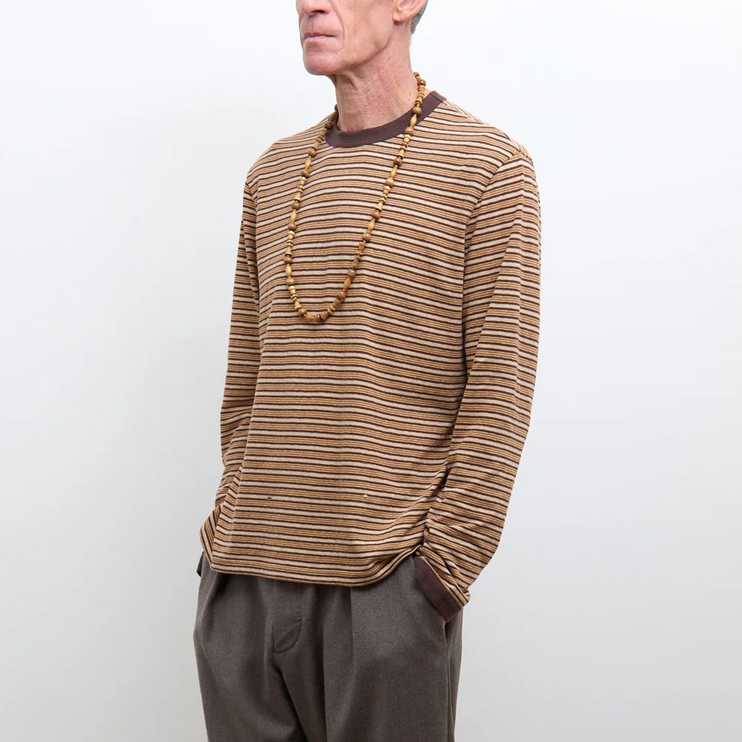 Japanese Striped Jersey Long Sleeve T-Shirt in Brown