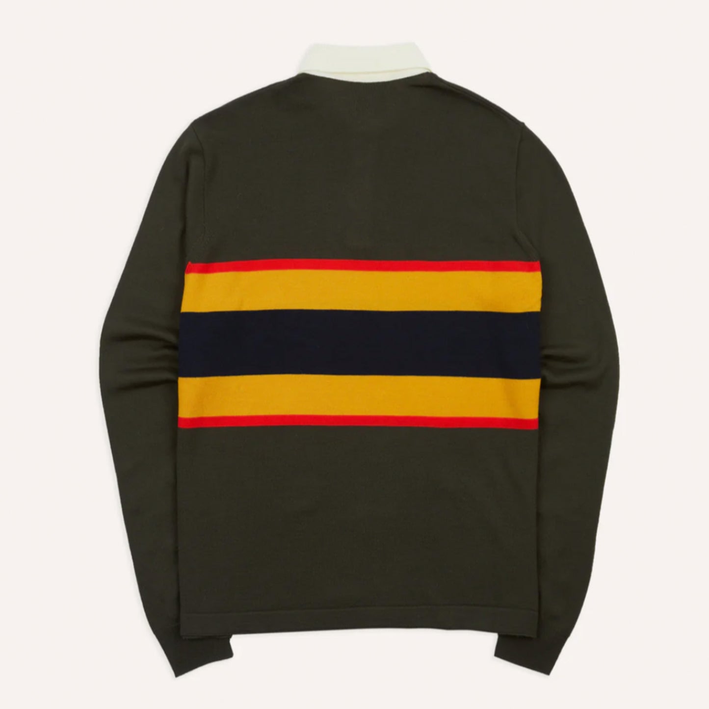 Centre Stripe Wool Knitted Rugby Shirt in Olive