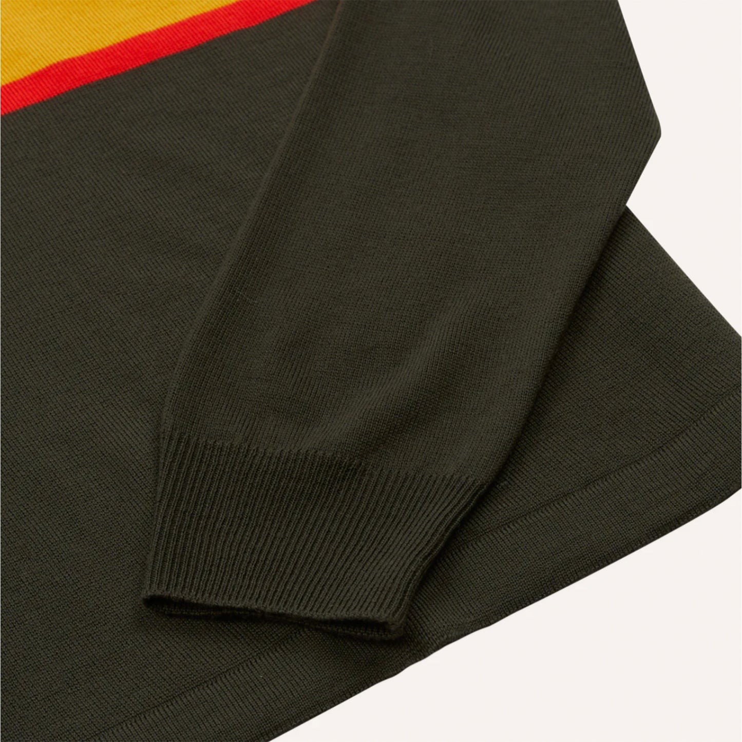 Centre Stripe Wool Knitted Rugby Shirt in Olive