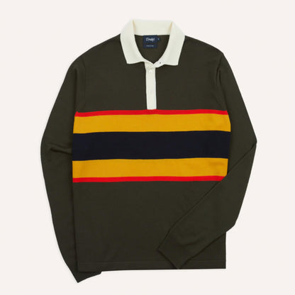 Centre Stripe Wool Knitted Rugby Shirt in Olive