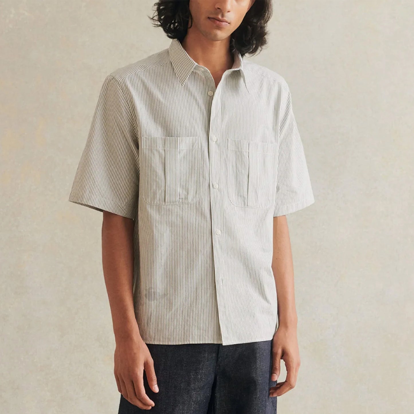 Painter's Short Sleeve Shirt in Olive Stripe