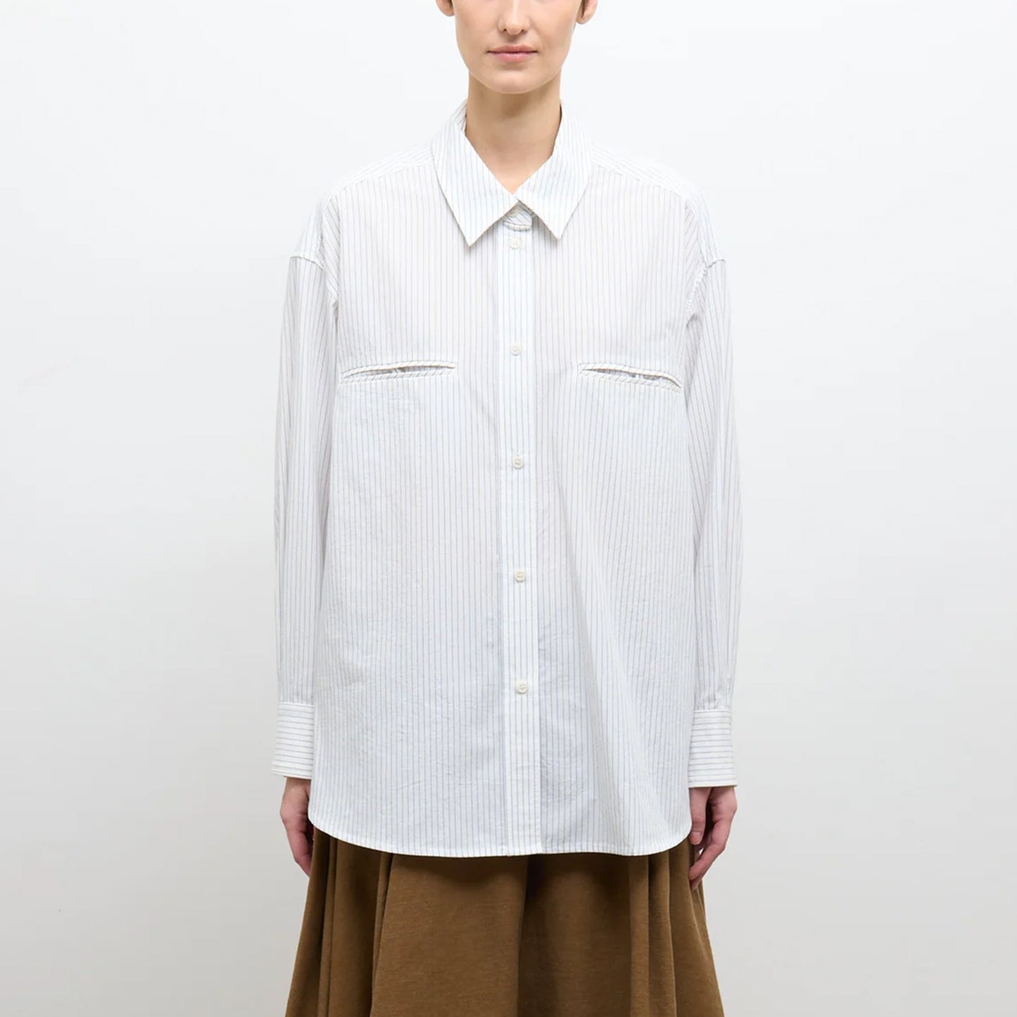 Japanese Organic Cotton Phoebe Shirt in Blue/White Stripe