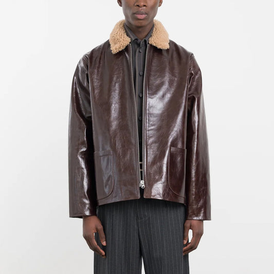Sandy Zip Leather Jacket with Curly Collar in Canadian Brown