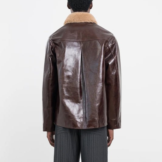Sandy Zip Leather Jacket with Curly Collar in Canadian Brown