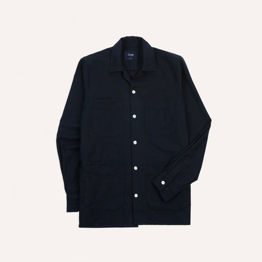 Wool Four Pocket Camp-Collar Work Shirt in Navy