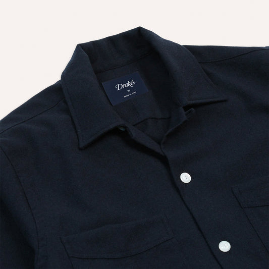 Wool Four Pocket Camp-Collar Work Shirt in Navy
